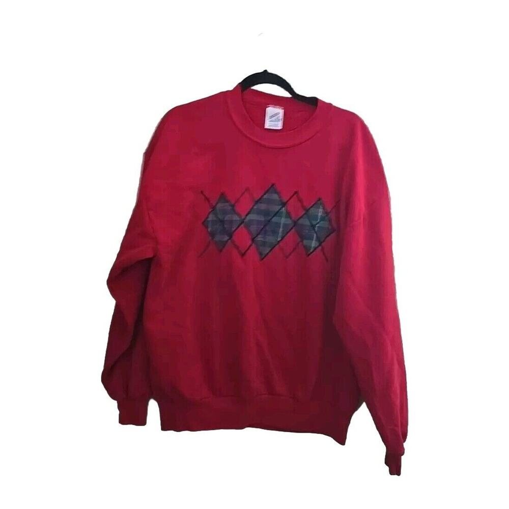 Vintage JERZEES Red Argyle Grannycore Long Sleeve Pullover Sweatshirt Womans XL